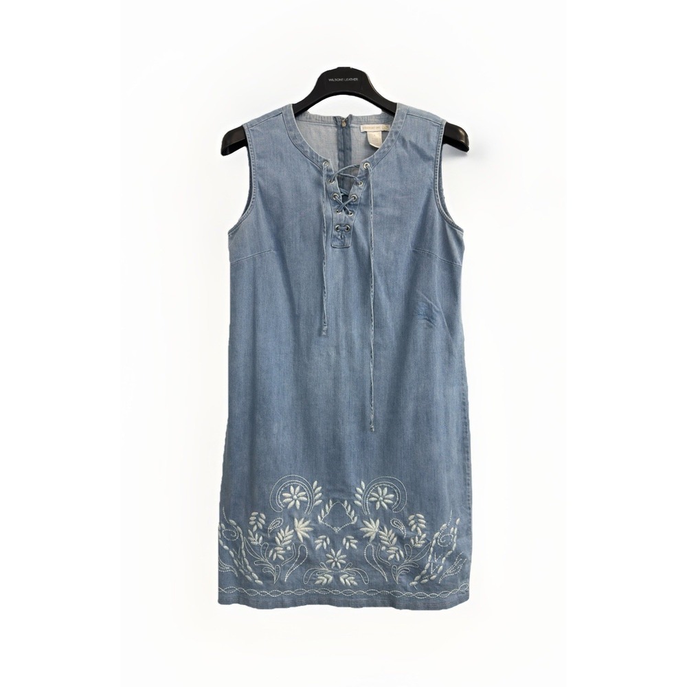 Westport 1962 Chambray Denim Embroidered Dress Women's 4 Cotton Stretch Tie Neck